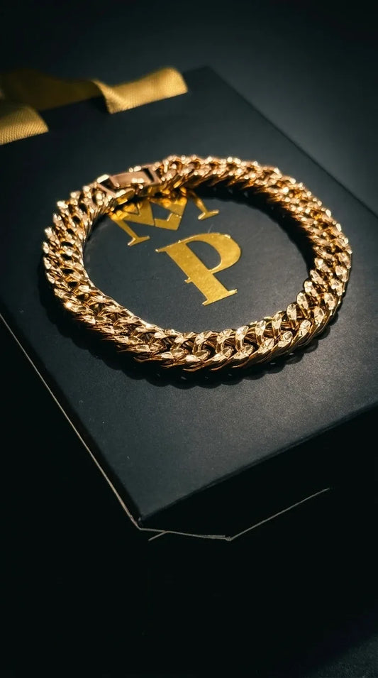 Pulsera cubana diamantada de 19 cm y 10 mm en oro laminado rosado 18K